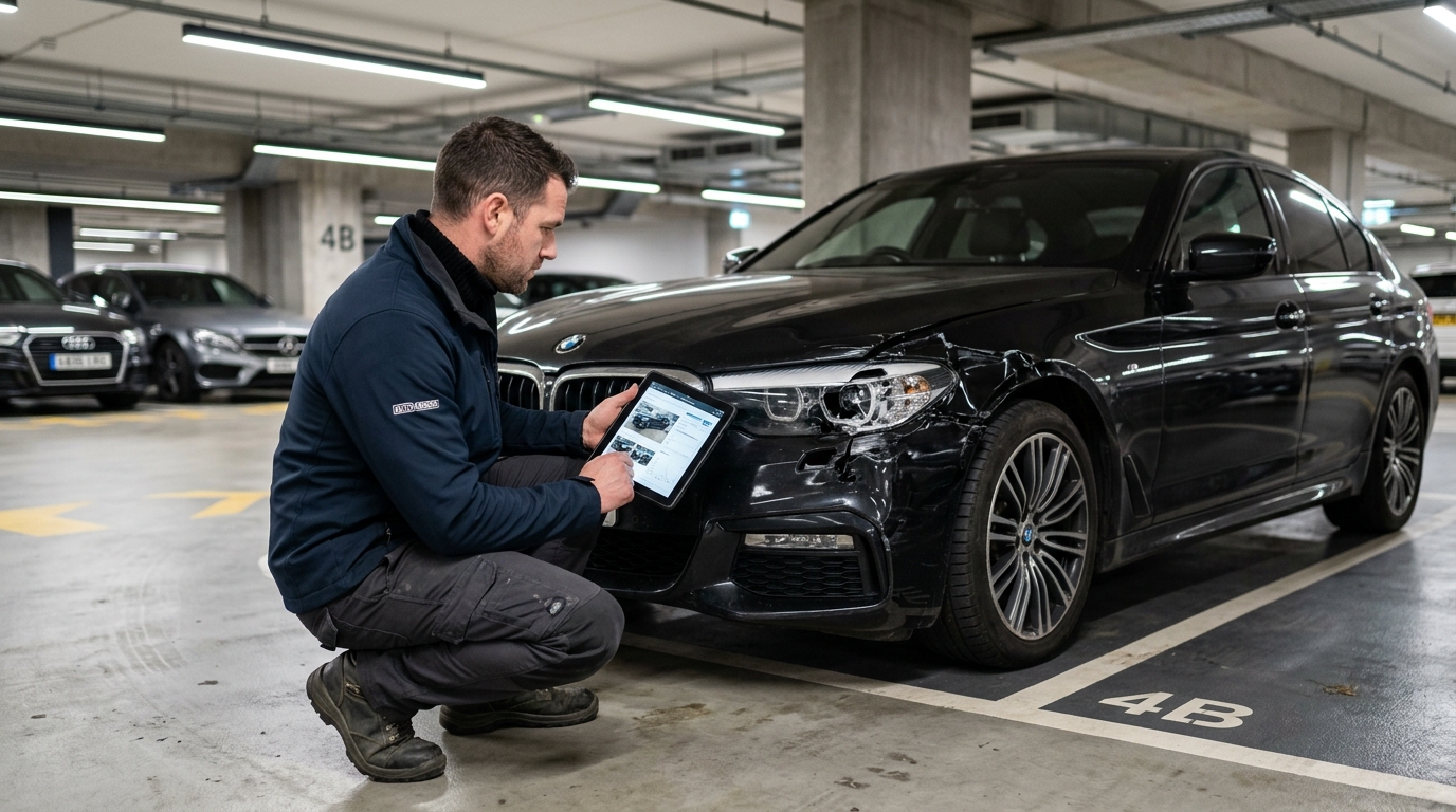Unfallprofi-rheinmain.de KFZ Gutachter untersucht Unfallschaden mit Tablet