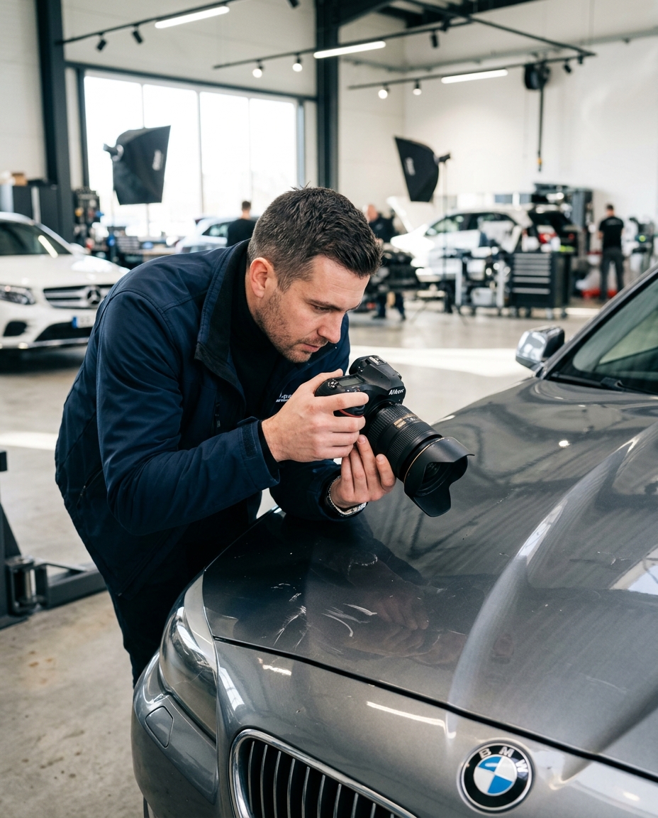 KFZ Gutachter fotografiert Unfallschaden mit professioneller Kamera