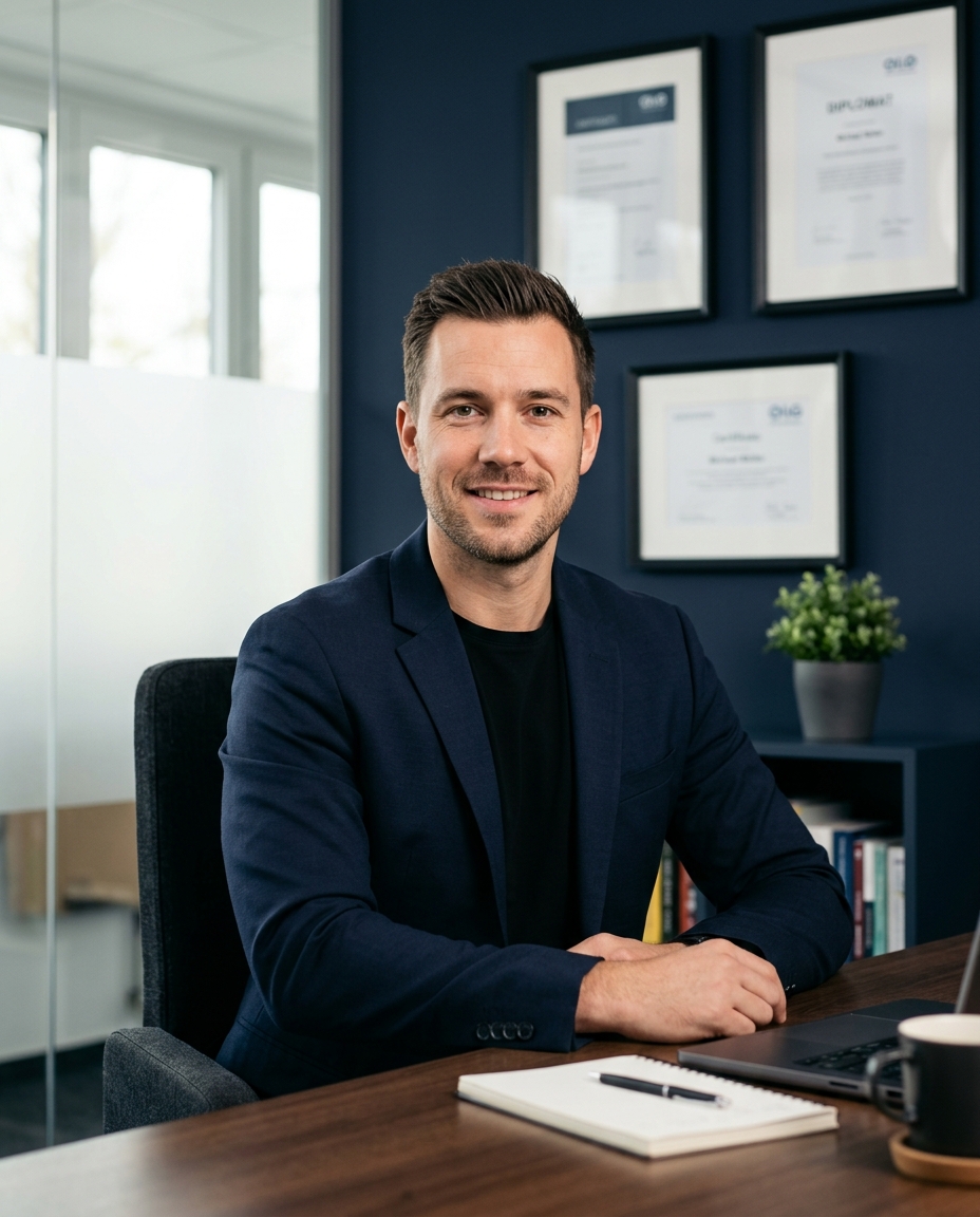 Unfallprofi-rheinmain.de Geschäftsführer sitzt im Büro mit Zertifikaten im Hintergrund